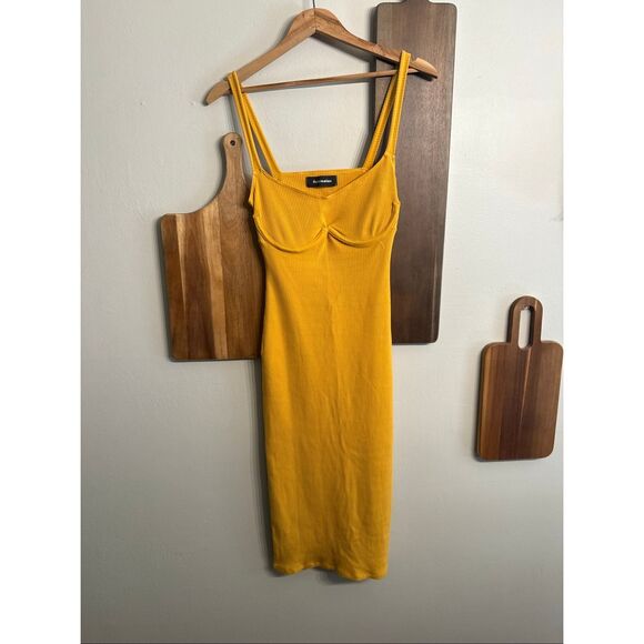 Reformation Ocre Yellow Rib Sleeveless Open Back Bustier Bodycon Dress Medium - Picture 1 of 4